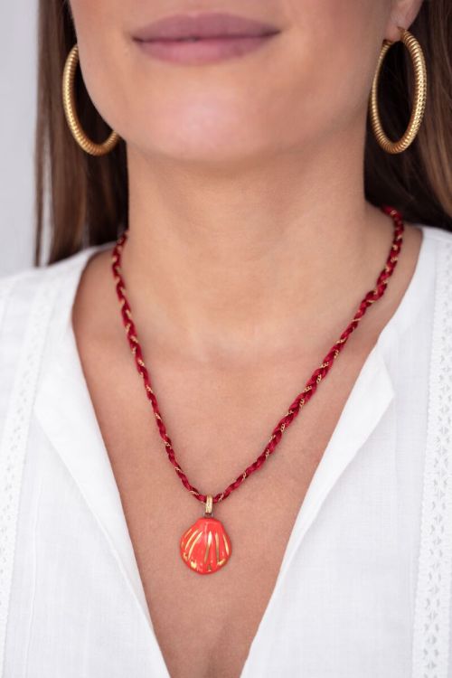 Art rode gevlochten koord ketting met schelp