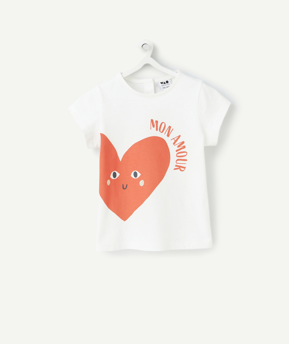 t-shirt bébé fille en coton bio blanc avec motif coeur et message rouges