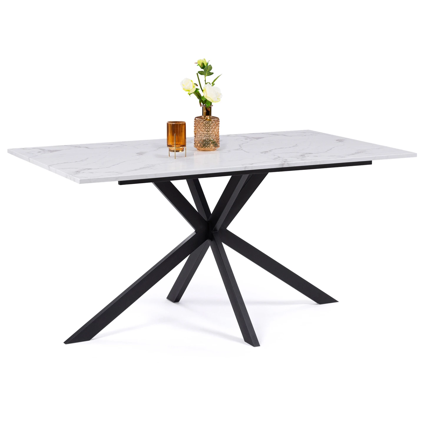 Table à manger rectangle ALIX 8 personnes pied araignée noir et plateau effet marbre blanc ALASKA 160 cm