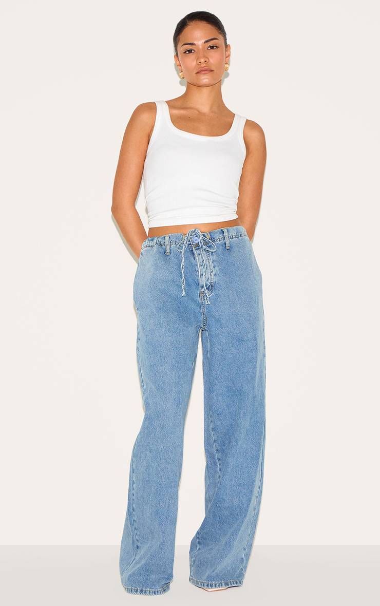 Bleu Clair Jean Petite Taille En Denim Bleu Clair Coupe Large Décontractée Avec Cordon De Serrage
