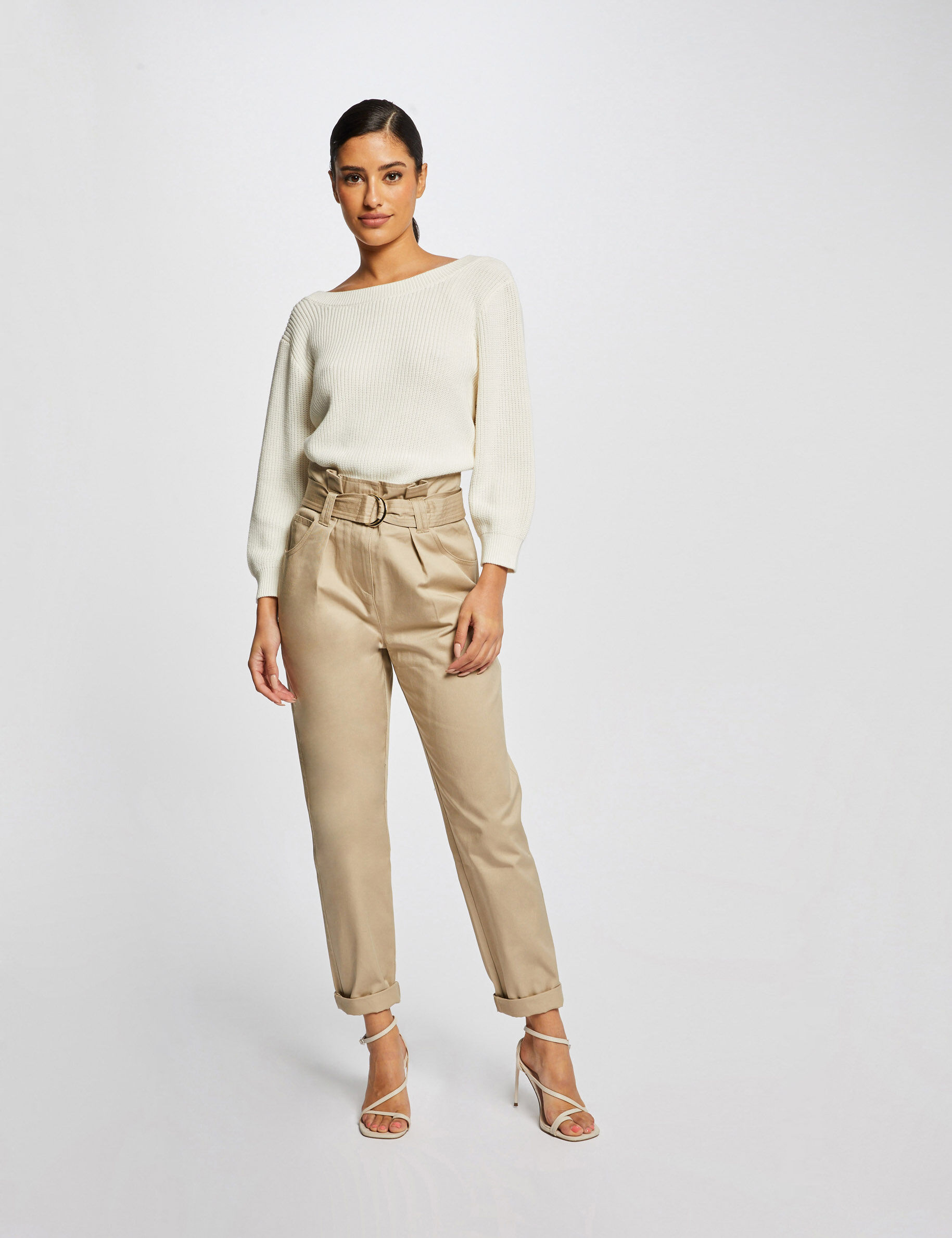 Pantalon carotte ceinturée beige femme - beige