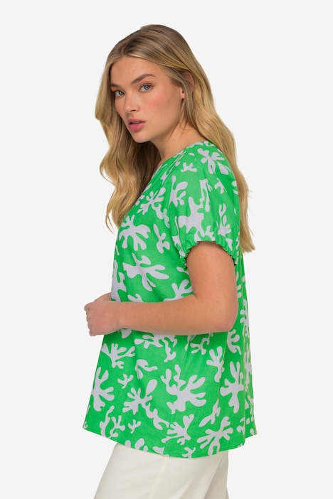 Leinenmix-Bluse, Korallen-Print, Tunika-Ausschnitt, Halbarm