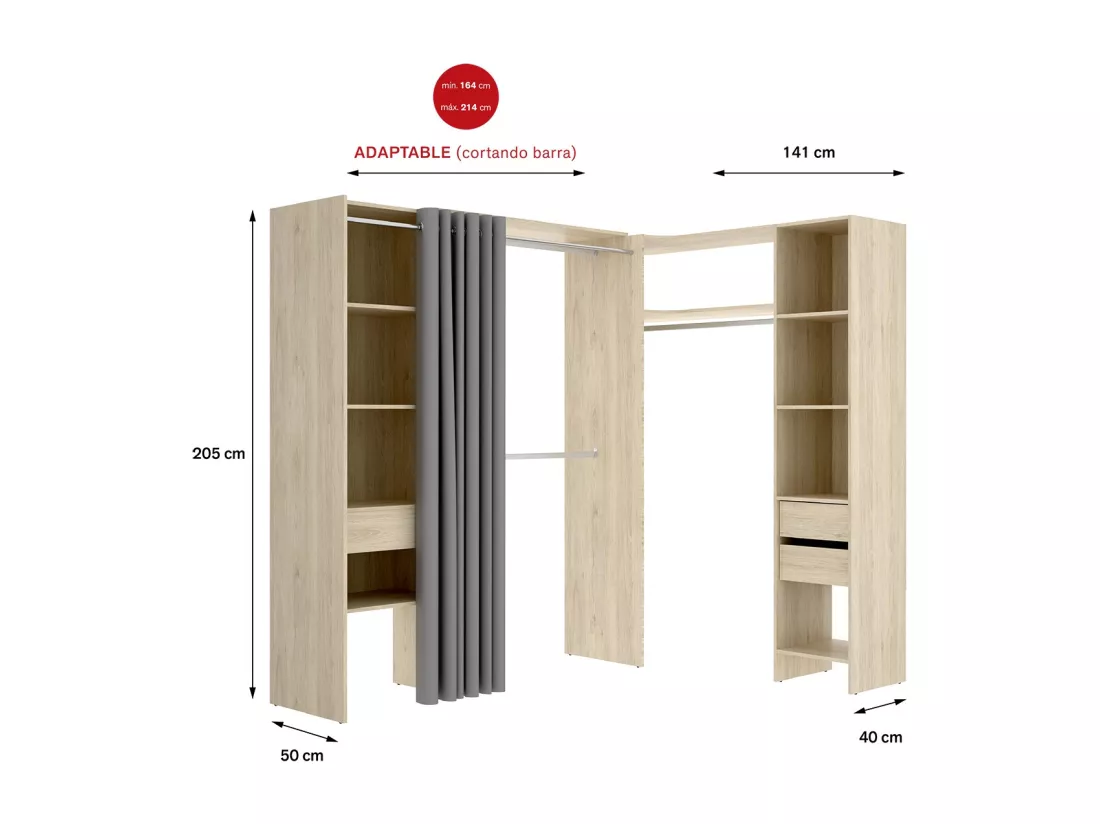 Kit armoire dressing d'angle extensible en bois mélaminé coloris chêne naturel - Longueur 164-214 x Profondeur 141 x Hauteur 205 cm
