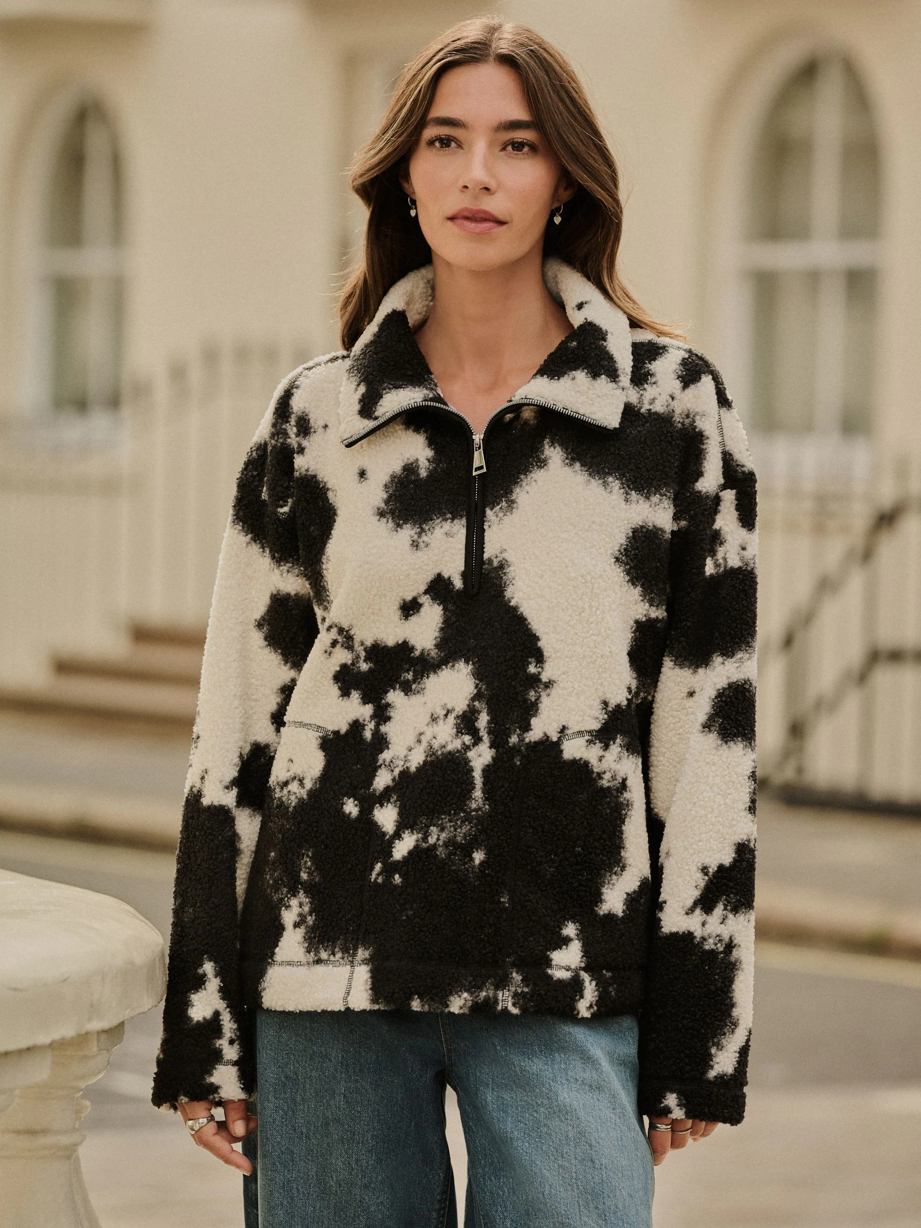 Zwart/ecru koeienprint - Soft Touch Knusse Teddy Borg Kwartrondrits Fleece