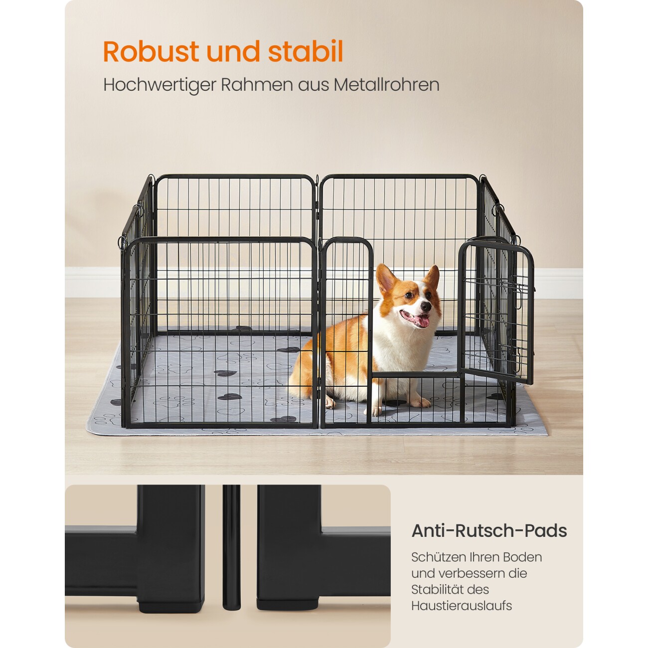 FEANDREA L-XXL Hundezaun 8 Platten transportabel schwarz 1,2 m, 1,2 m, 60 cm