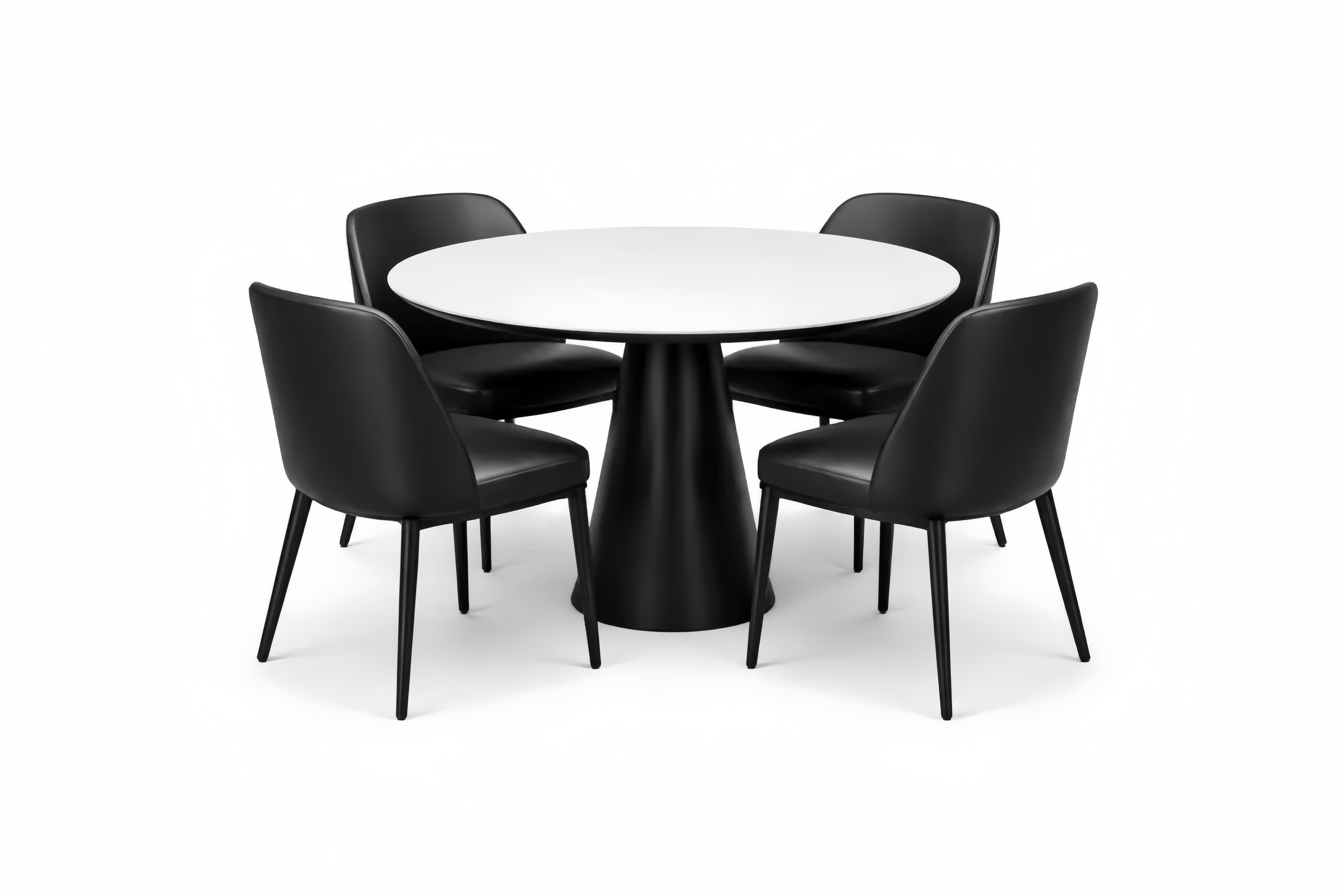 Runde Essgruppe mit Tisch aus MDF und Aluminiumgestell sowie Stühlen aus Kunstleder, Schwarz/Weiß