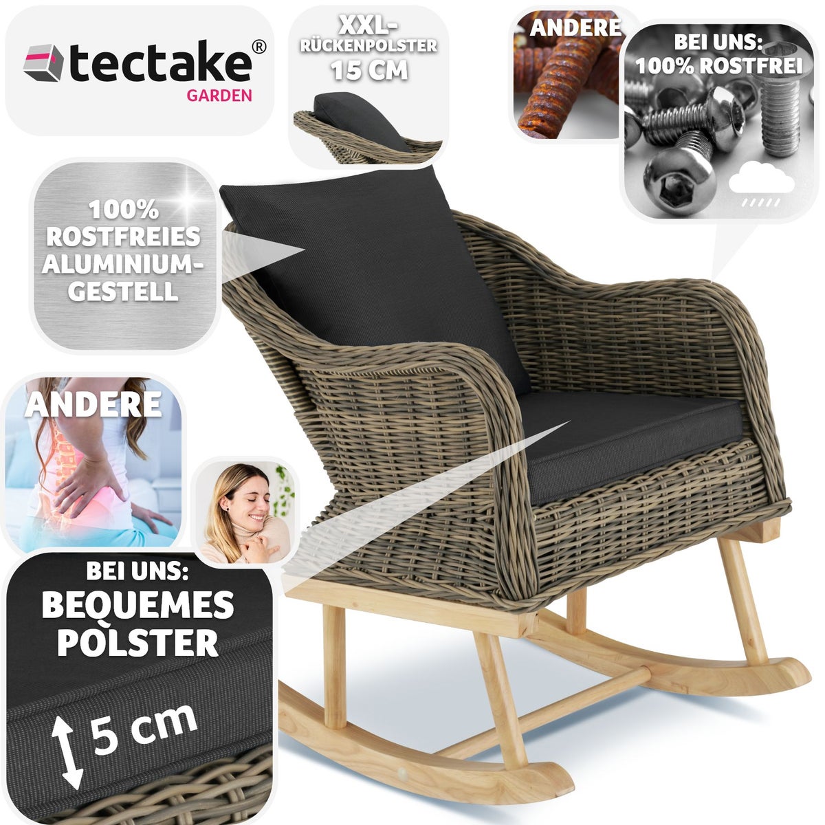 tectake Rovigo rotan schommelstoel, natuurlijk imitatieweefsel met aluminium frame, 57,5 x 85 x 73 cm