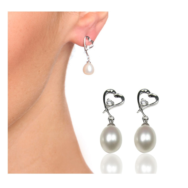 Boucles d'oreilles Femme Coeur en Perles de culture d'eau douce Blanches et Argent 925/1000