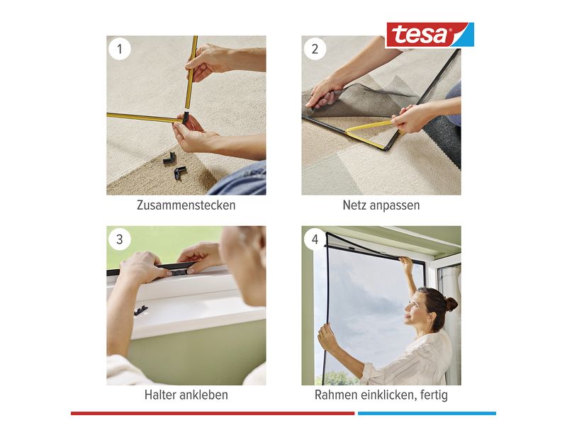 tesa Fliegengitter CLIP-ON Rahmen für Fenster 140 x 120 cm Insektenschutz zum Einklicken am Fenster – Rahmen zuschneidbar – einache Montage – anthrazit