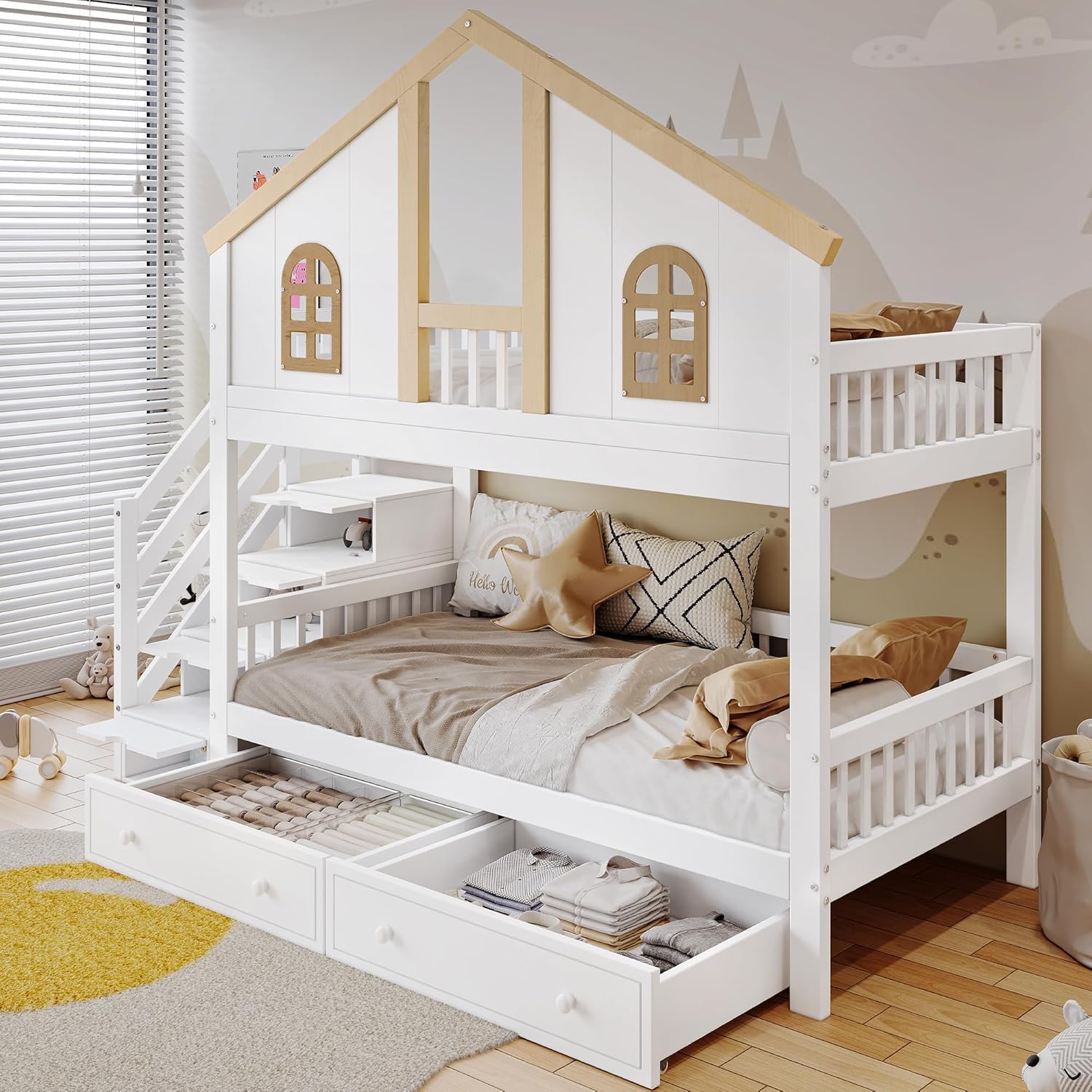 Kinderbett 90x200 cm, Etagenbett mit 2 Schubladen, Treppe mit 4 Ablagefächern, Stockbett für 2 Kinder, Holzbett mit Fenster Fallschutzgitter, Weiß+Natur, ohne Matratze