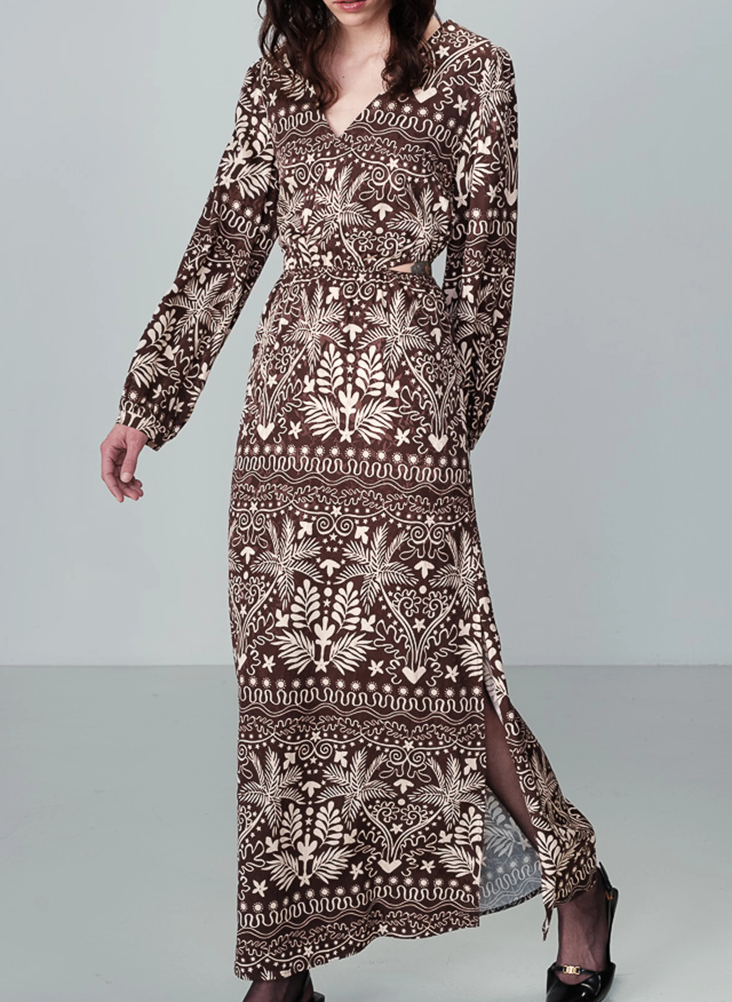 NEMESIS - Robe longue fendue jacquard imprimé | Marron