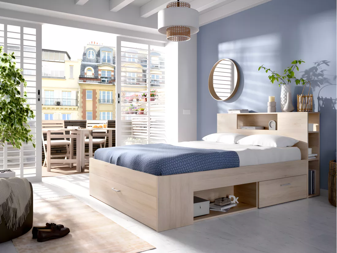 Lit avec tête de lit rangements et tiroirs - 160 x 200 cm - Coloris : Naturel + Sommier - LEANDRE