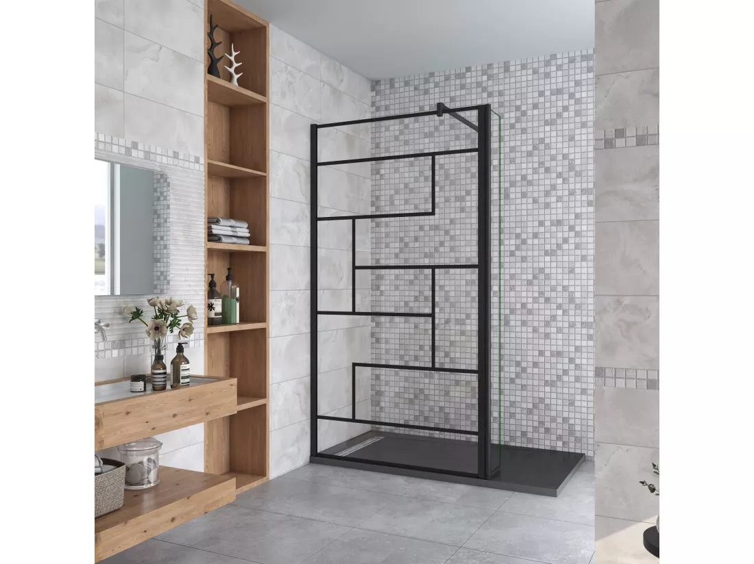 Paroi de douche fixe à l'italienne 120+30x200cm avec retour pivotant - Noir - avec barre de fixation 90cm en carré