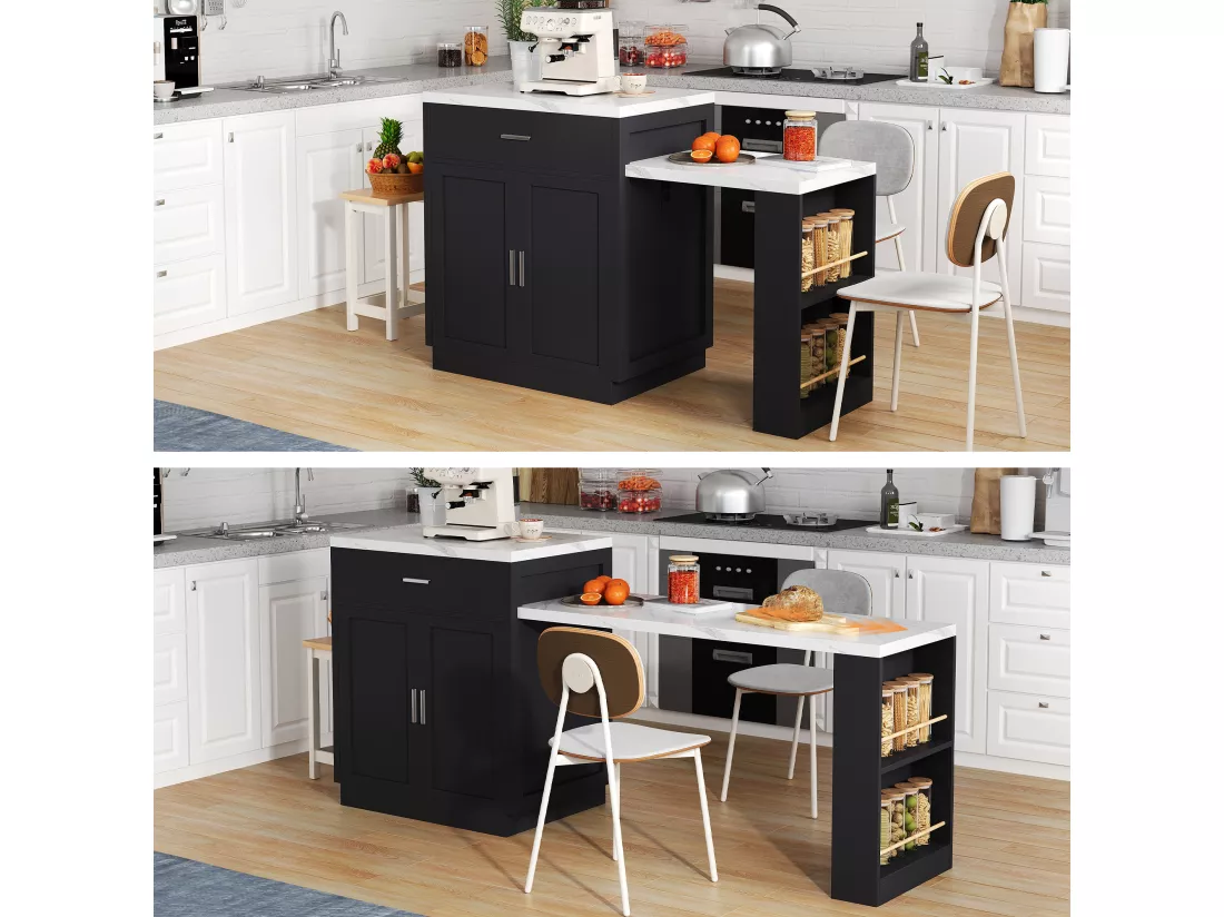 Ilot central de cuisine mobile avec 2 tiroirs, 2 portes et étagères de rangement - 211x55x89.5 cm - MDF - Noir + blanc
