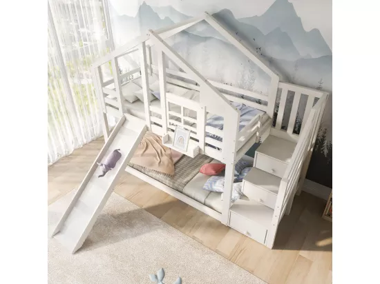 Lit superposé pour enfant - avec escalier de rangement et toboggan - lit cabane 2 x 90 x 200 cm - Pin + MDF - Blanc