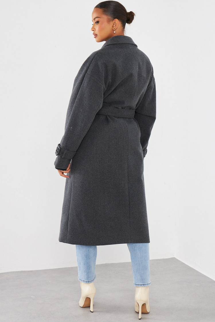 Manteau long ceinturé gris foncé