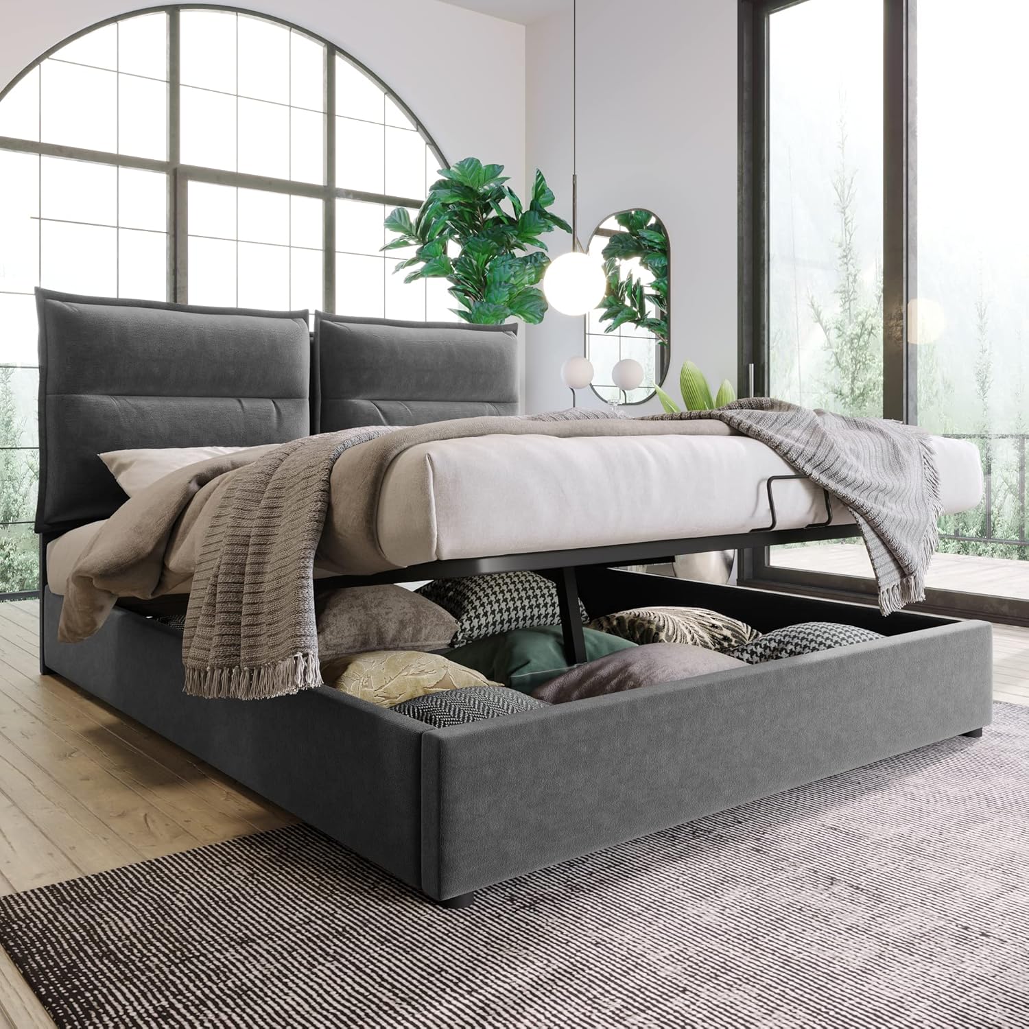 Kehun Doppelbett Polsterbett 140x200 cm, Hydraulisch Stauraumbett mit Stauraum und Lattenrost aus Metallrahmen, Modernes Bett Bettgestell mit Verstellbares Kopfteil, Samt, Grau, Ohne Matratze