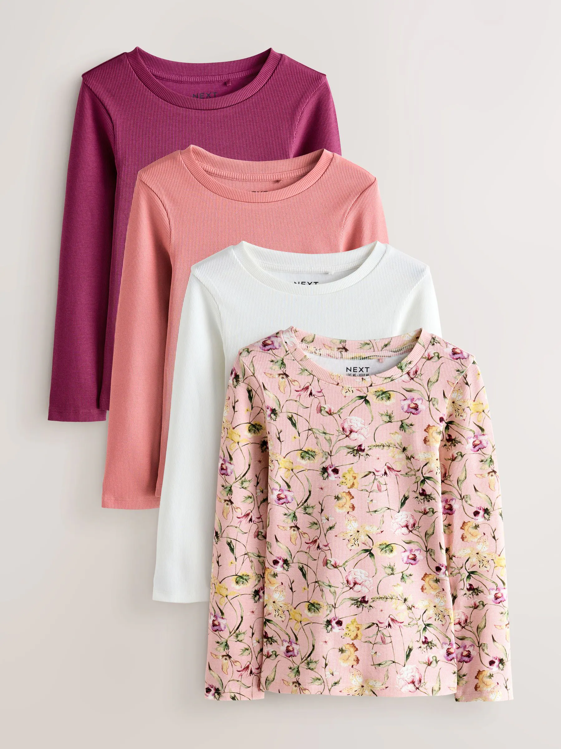 Roze met bloemenprint - Set van 4 geribbelde T-shirts met lange mouwen (3-16jr)