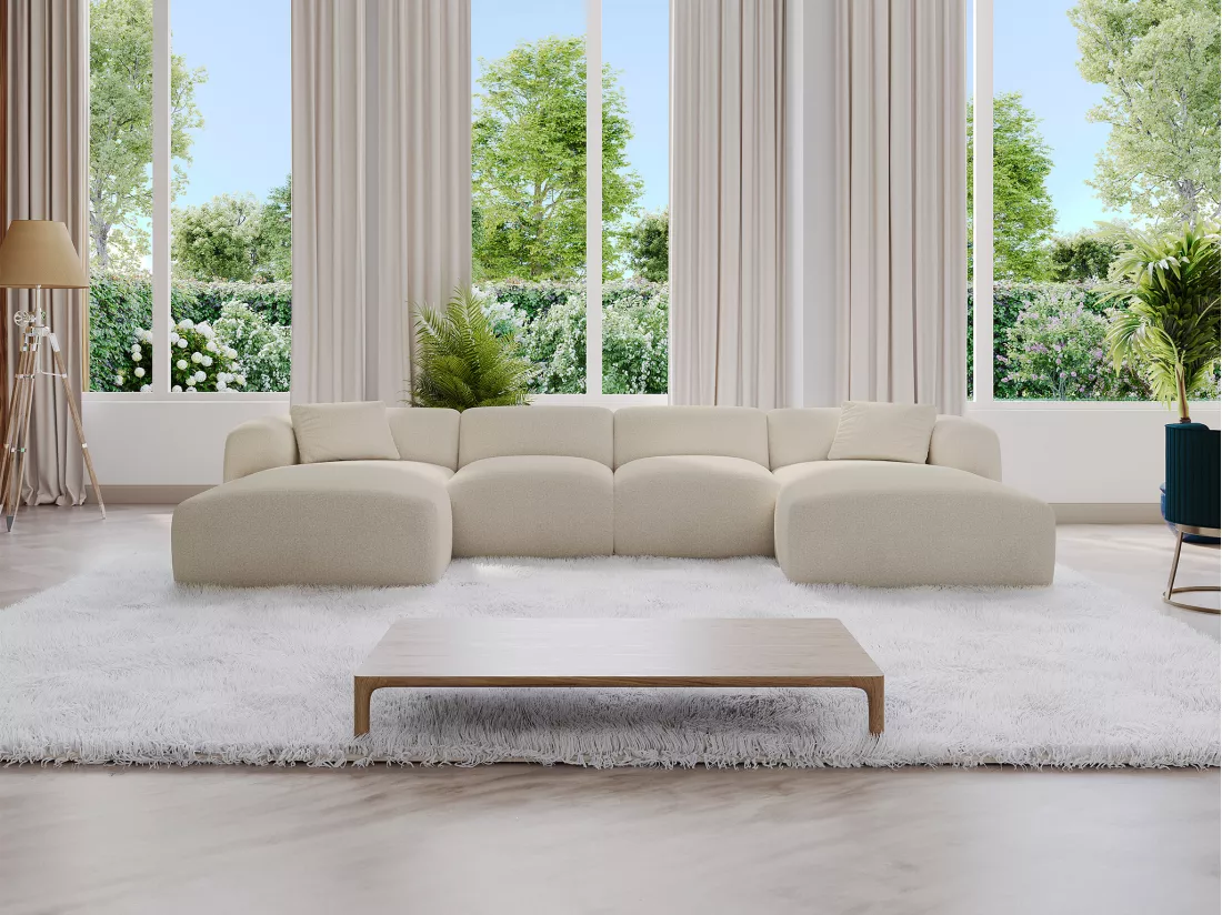 Grand canapé d'angle panoramique en tissu beige POGNI de Maison Céphy