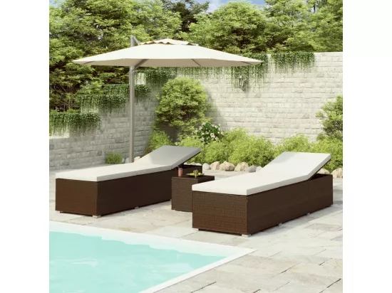 Chaise longue de jardin table à thé 3 pcs Résine tressée Marron