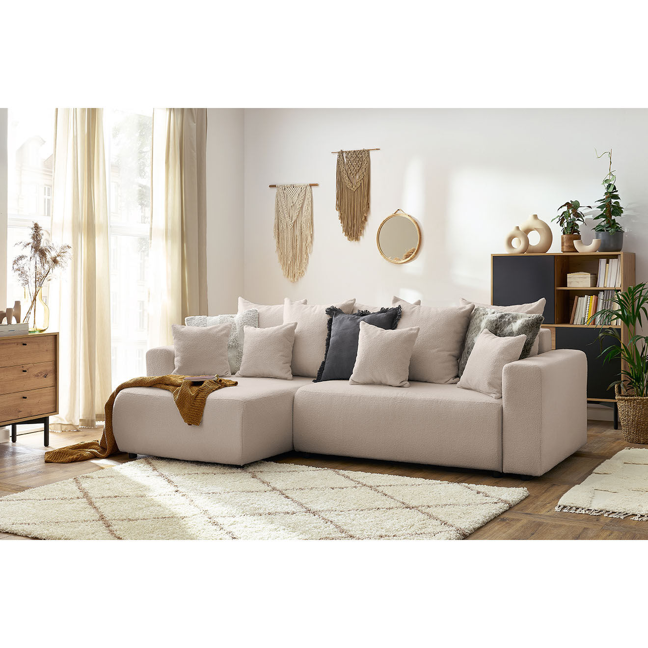 Bobochic Canapé d'angle convertible reversible bouclette Envy beige - 282x153x95 cm