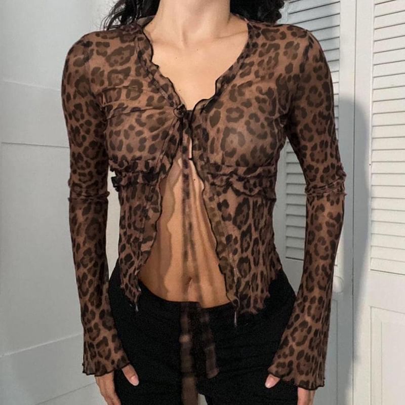 Trisica - Blouse met V-hals, luipaardprint, klokmouwen en striksluiting aan de voorkant