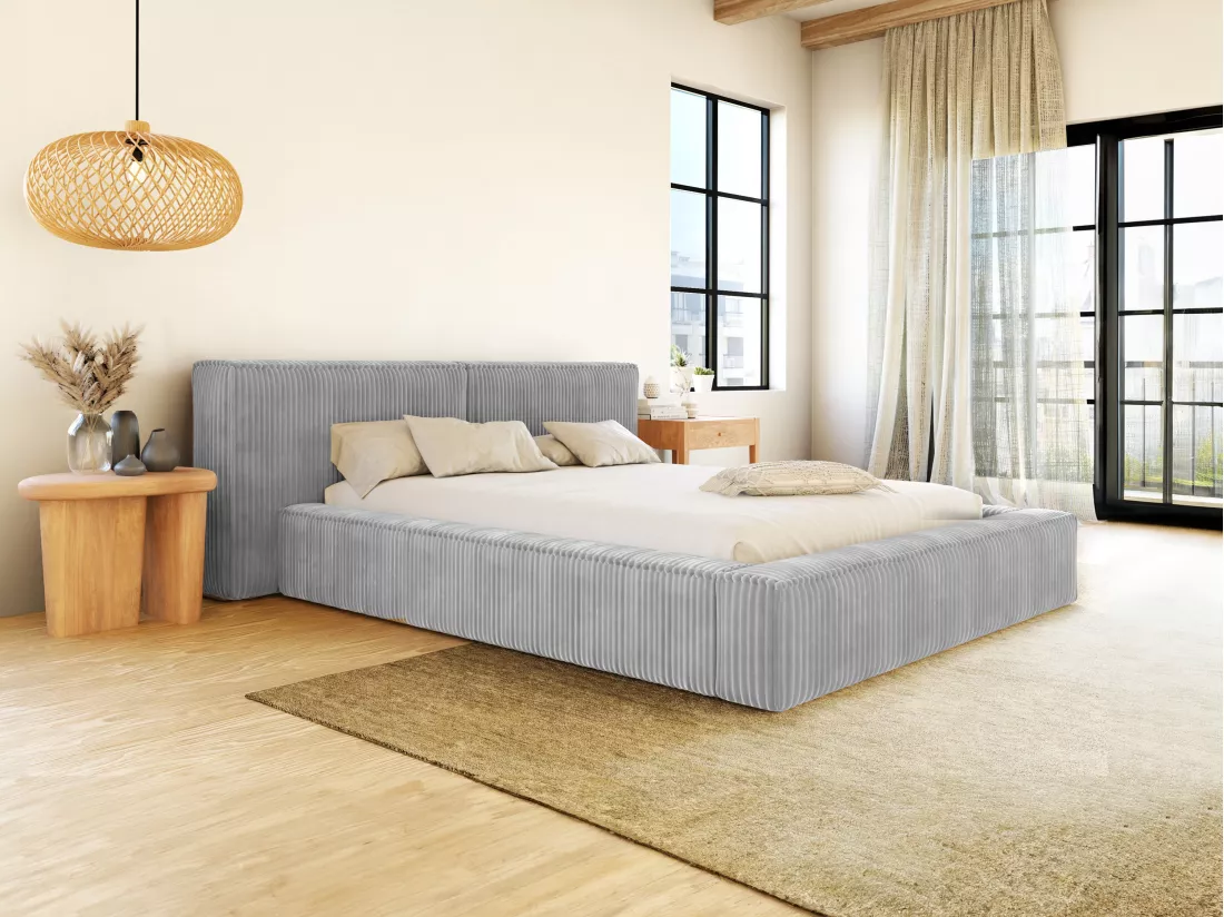 Lit coffre 140 x 190 cm - Velours côtelé grosses côtes - Gris clair + Matelas - TIMANO de Pascal Morabito