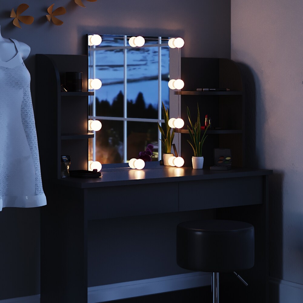 Vicco Schminktisch Charlotte Frisiertisch Kommode Frisierkommode Spiegel Schwarz inklusive Hocker und LED-Lichterkette