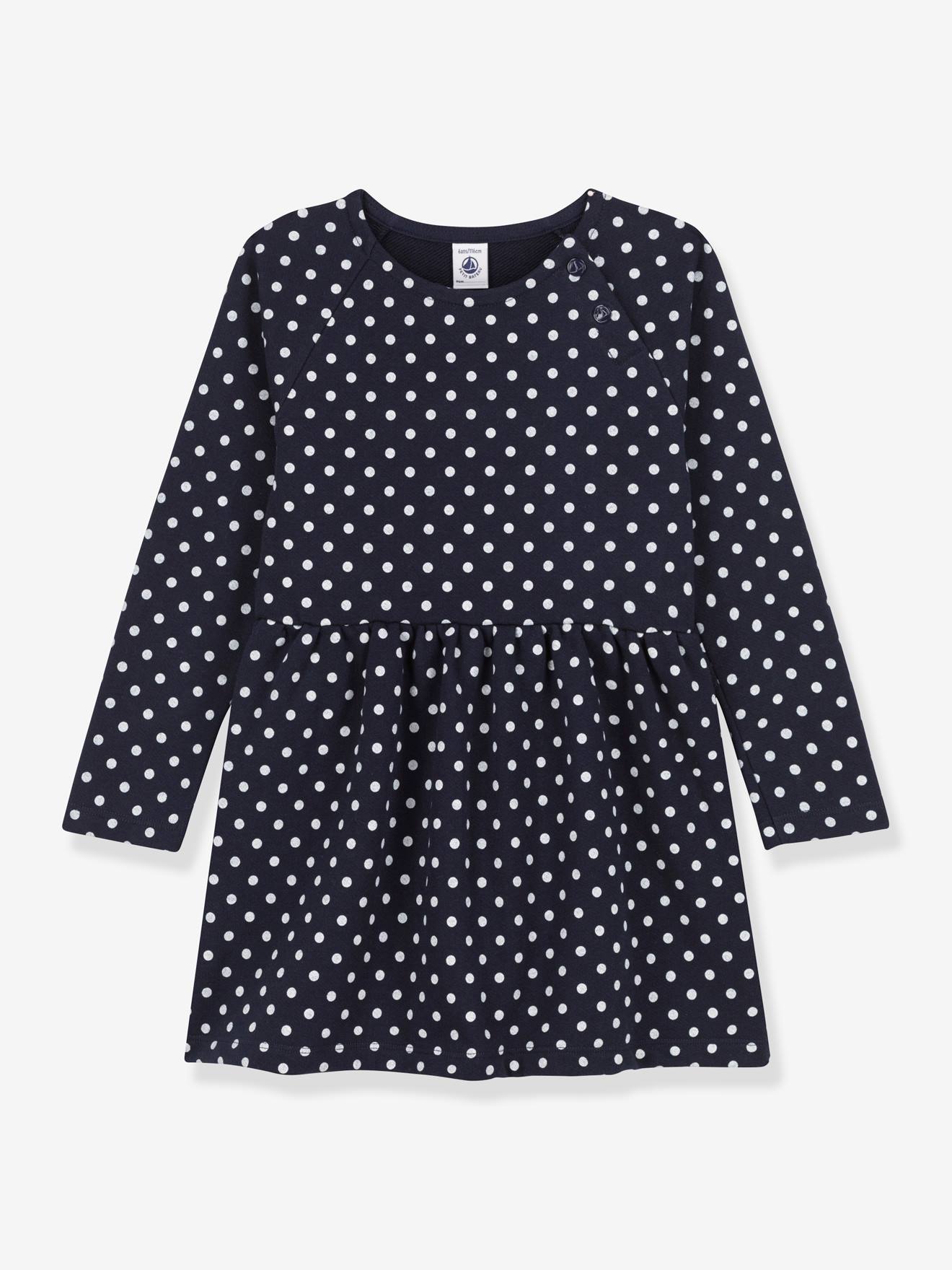 Vestido PETIT BATEAU azul marinho de pelúcia com mangas compridas e estampa de bolinhas.