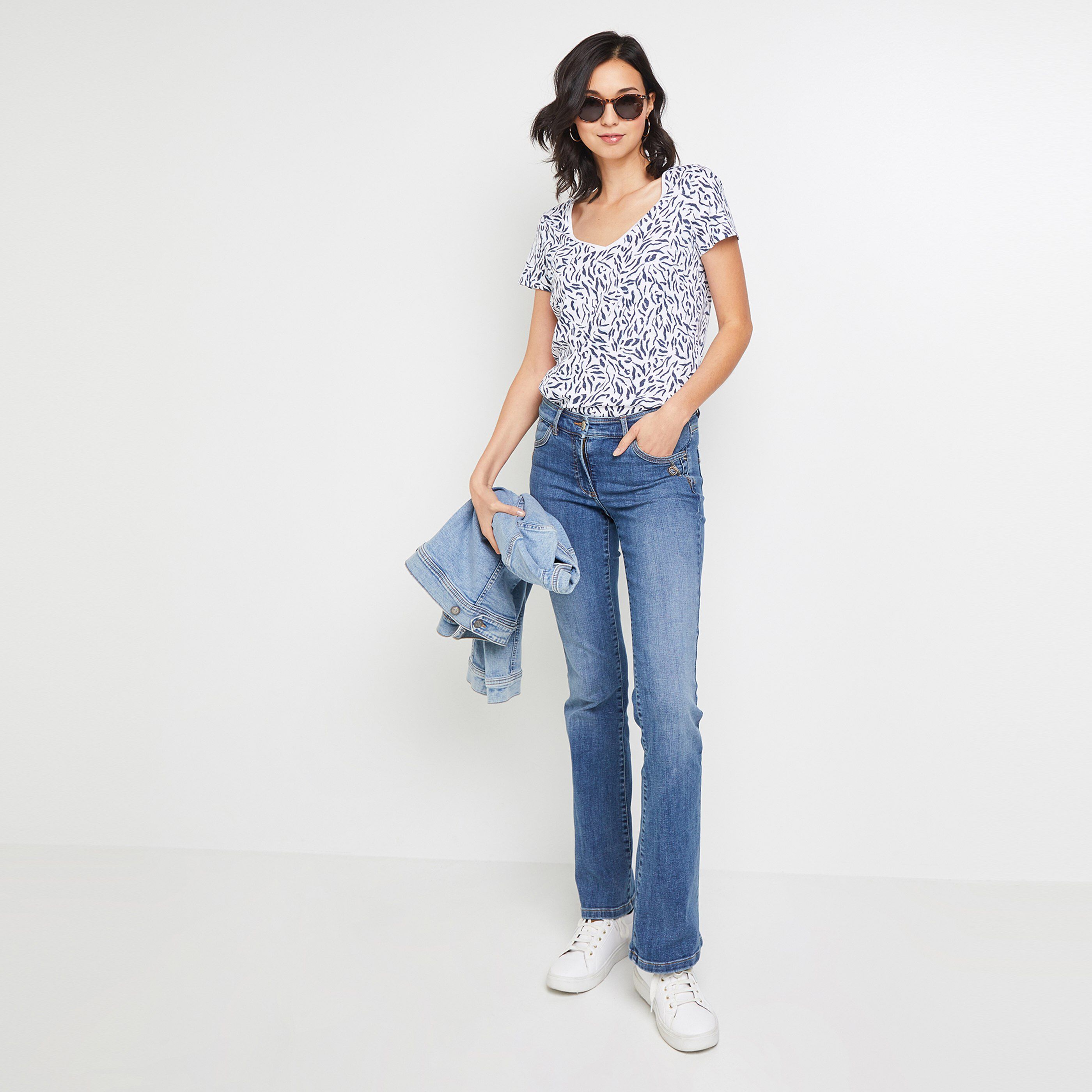 T-shirt imprimé col V femme - BLANC CASSE