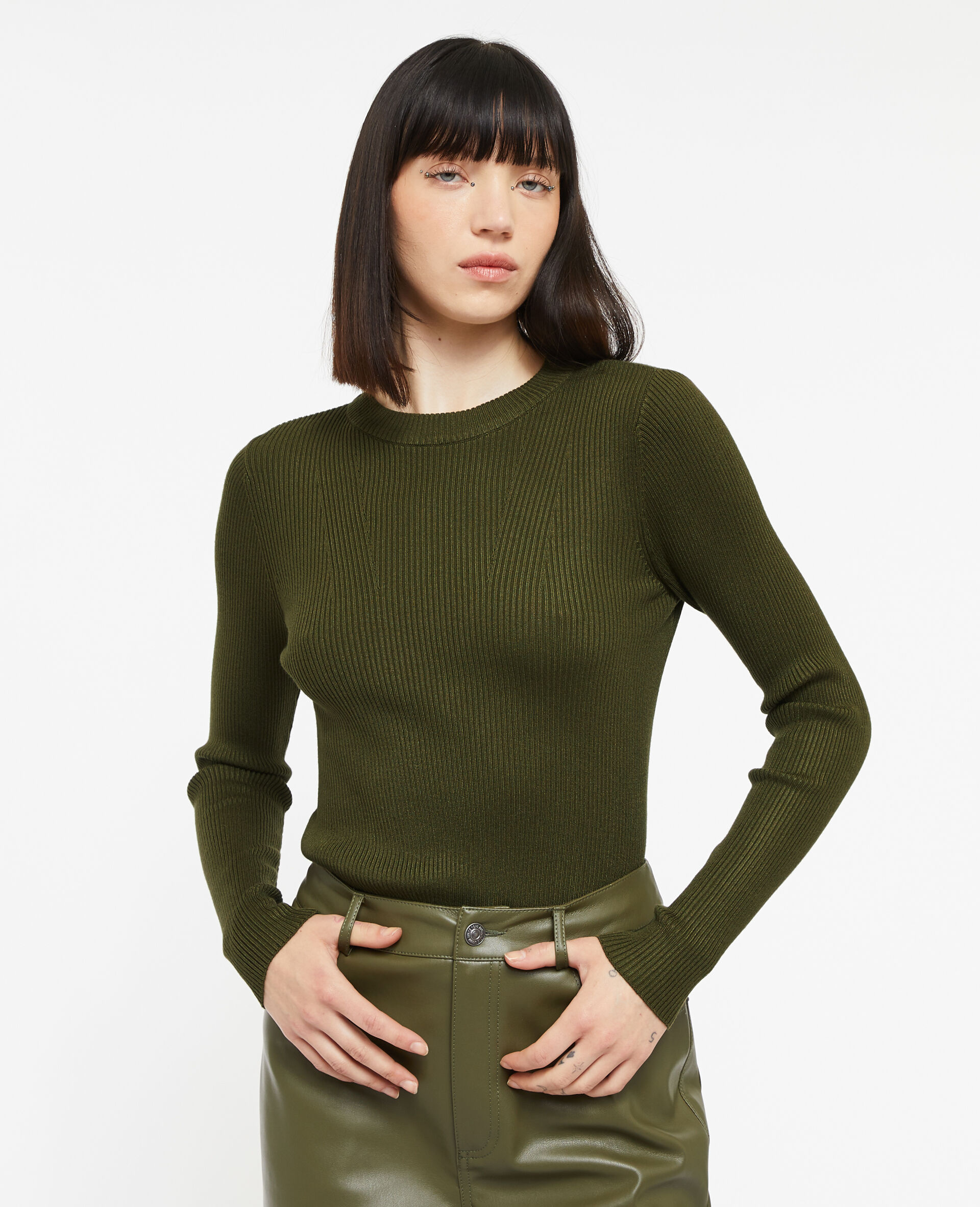 Pull en maille col rond - Vert kaki