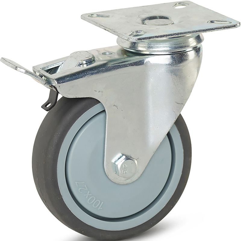 Zwenkwiel TP-rubber met rem 100mm - 100kg draagvermogen