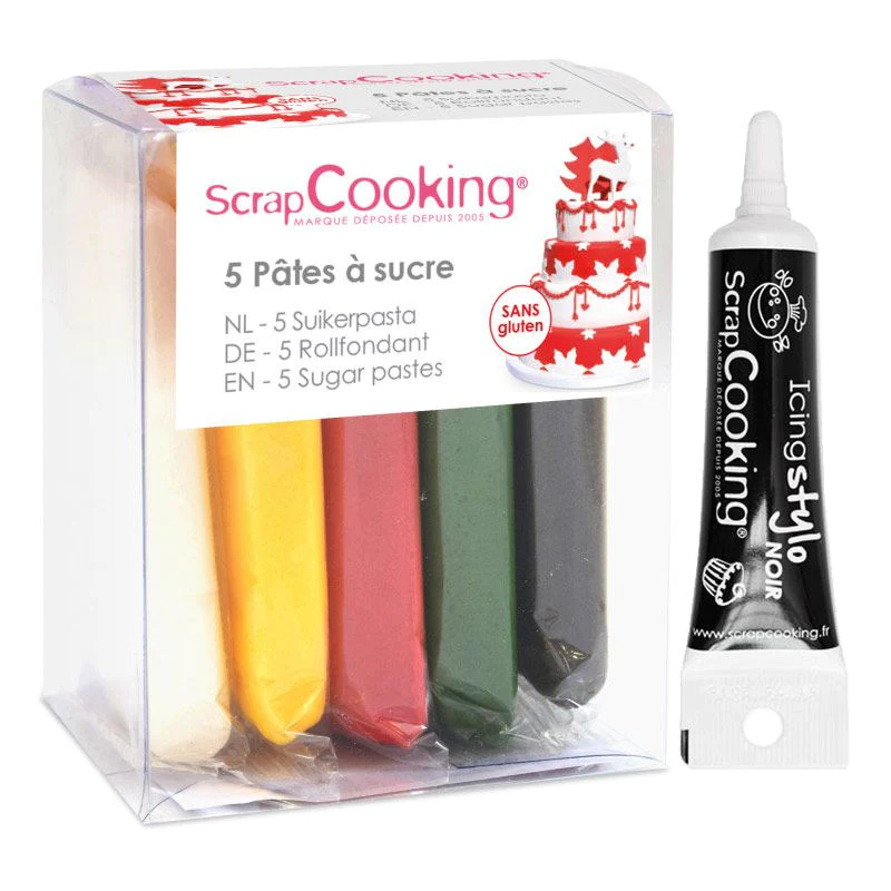 5 pâtes à sucre Noël + Stylo glaçage noir Scrapcooking