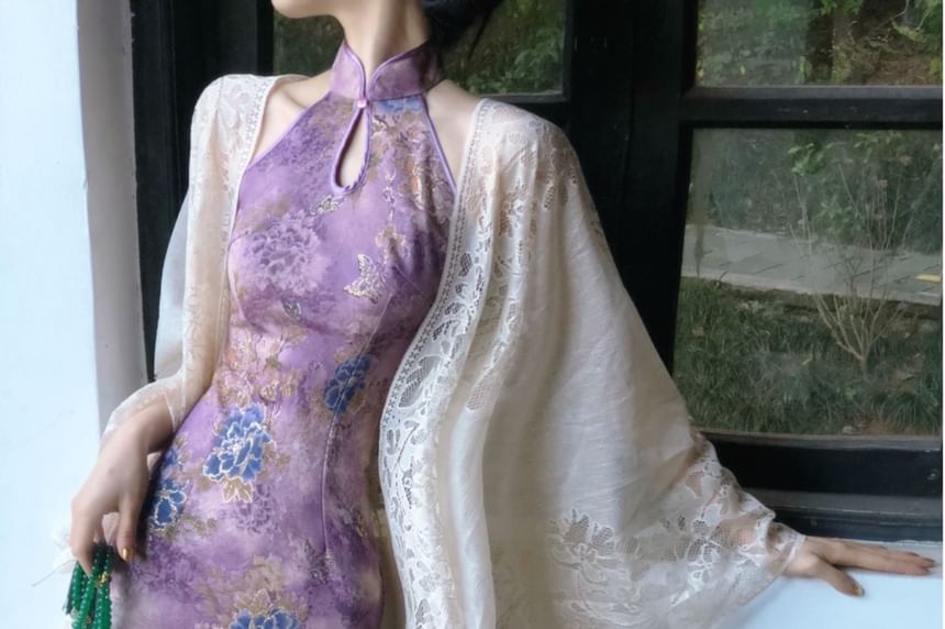 Vensazco - Traditionele Chinese halterhalskraag met bloemenprint, uitsparing en split, maxi-mantel, qipao