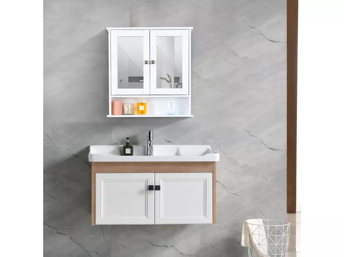 Armoire murale de salle de bain, avec miroir et niche, 2 Portes-miroir et Compartiment Ouvert, Étagère Réglable, 56x13x58cm