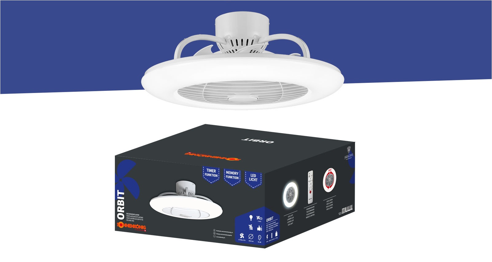 Sonnenkönig Deckenventilator »Orbit, Leistung 75W, Laufruhig, 1 / 2 / 4 h Timer, Fernbedienung« 3 Stufen, Memory Funktion, LED-Licht in 3 Stufen