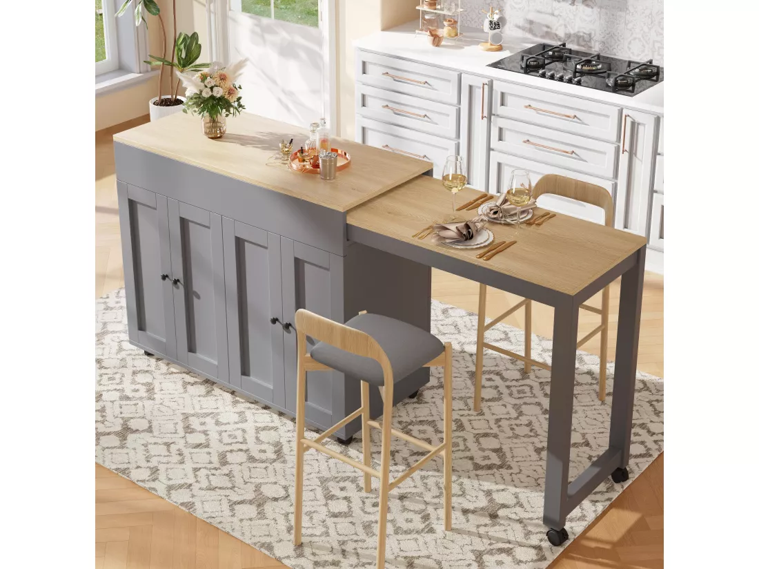 Ilot central de cuisine avec table à manger et 4 portes - 118/180 x 50 x 94 cm - MDF - Gris