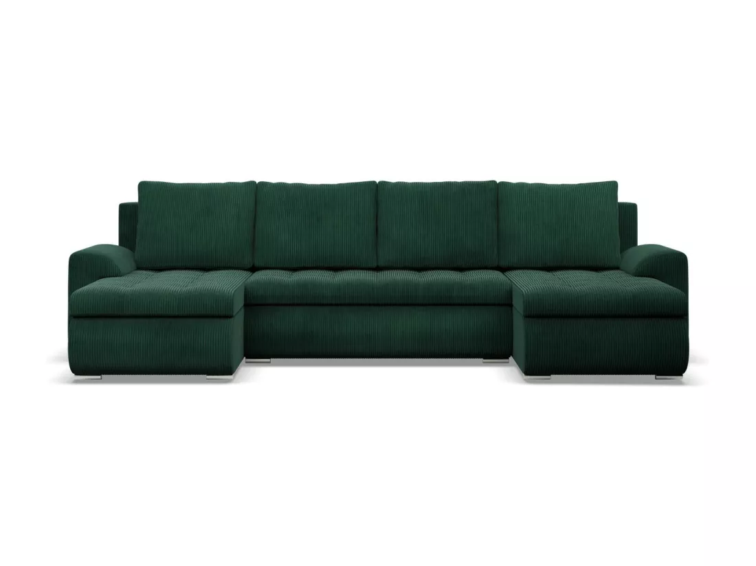 Canapé d'angle en U avec fonction sommeil, 2 méridiennes, Cord - Vert foncé