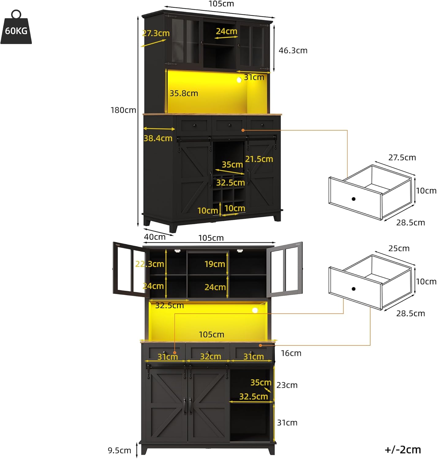 Merax Küchenschrank mit Arbeitsplatte, Hochschrank Küchenbuffet, Buffetschrank mit LED-Beleuchtung, Schubladen und Glas Türen, Verstellbaren Ablagen & Weinregal, Schwarz, 105x38.4x180cm