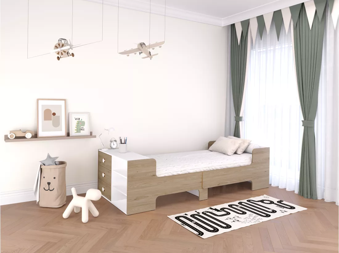 Lit évolutif 90 x 140/170/200 cm avec rangements - Coloris : Naturel et blanc - GAROLIO