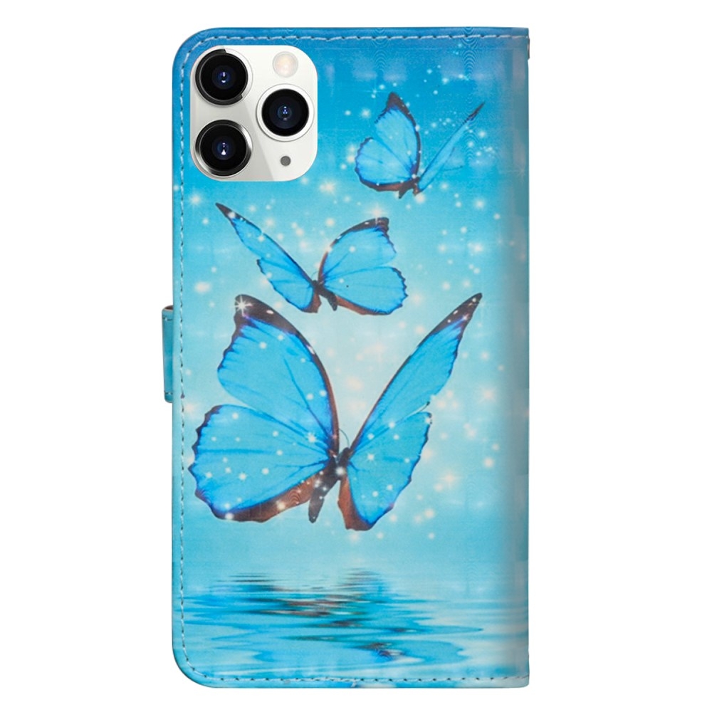 iPhone 12 / iPhone 12 Pro Leder Tasche mit Kartenfach   Handschlaufe - Schmetterlinge (Blau)