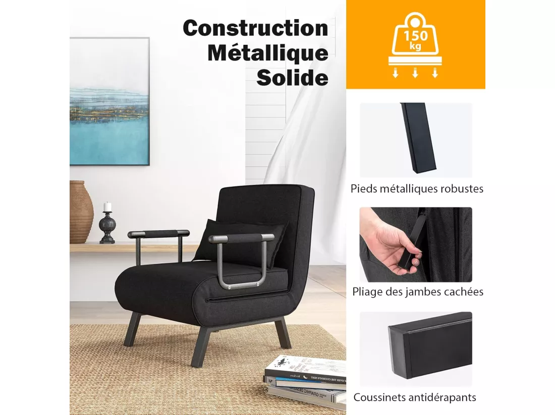 Fauteuil Convertible à Lit 1 Place, Fauteuil de Salon 4-en-1, Dossier Réglable en 6 Positions avec Oreiller, Oreiller, Siège Rembourré, Accoudoirs, Cadre Métal, Canapé-Lit Pliant, Noir