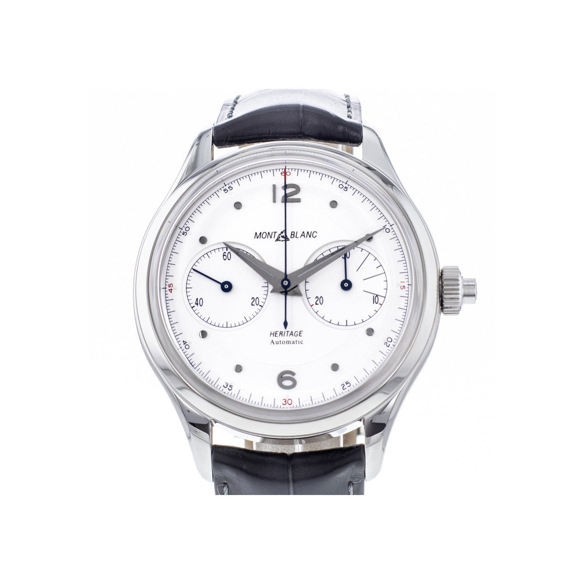 Montre d'occasion Montblanc Heritage homme chronographe automatique acier bracelet cuir noir