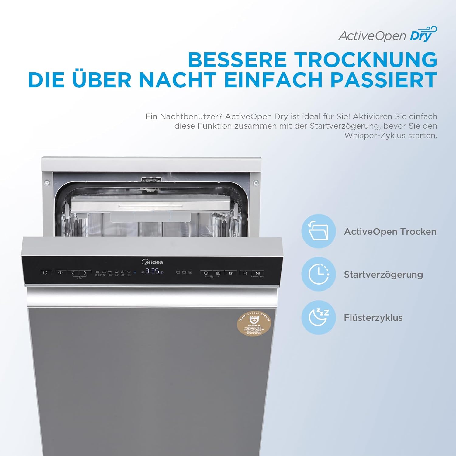 Midea Spülmaschine 45 cm MDWEF1034DSS-WE, Geschirrspüler Freistehend 10 Maßgedecke, Besteckkorb, höhenverstellbarer Oberkorb, Aqua-Stopp, Startzeitvorwahl, Silber