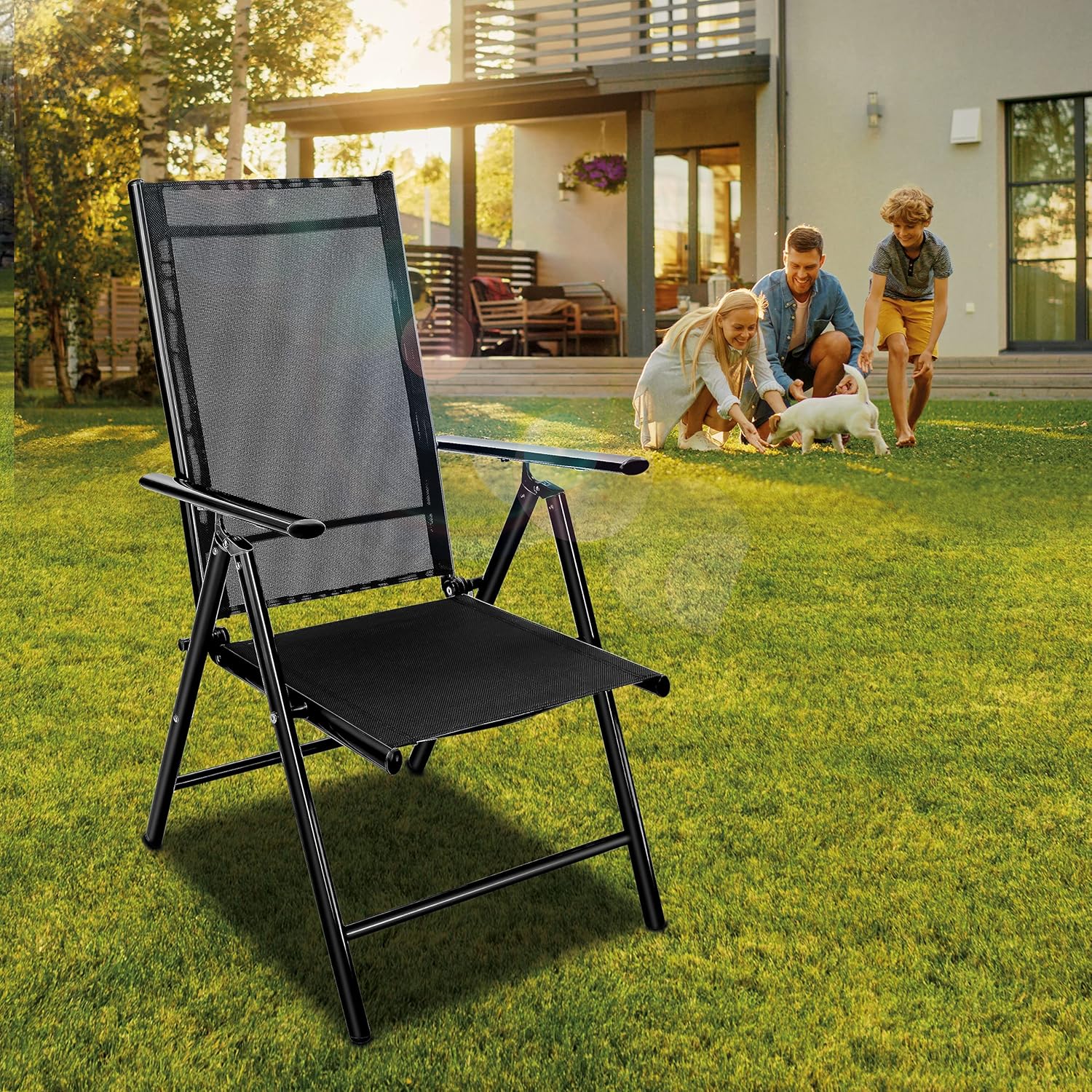 tillvex Gartenstuhl 4 Stück klappbar aus Aluminium | Hochlehner mit Armlehnen | Klappstuhl verstellbar | Klappsessel Balkon Garten Terrasse (Schwarz)
