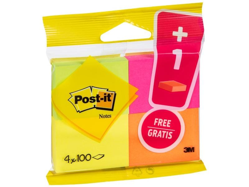 Post-it Notizzettel Post-it 5.1 x 3.8 cm, 4 Blöcke à 100 Bl Post-it Haftnotizen farbig im Vorteilspack