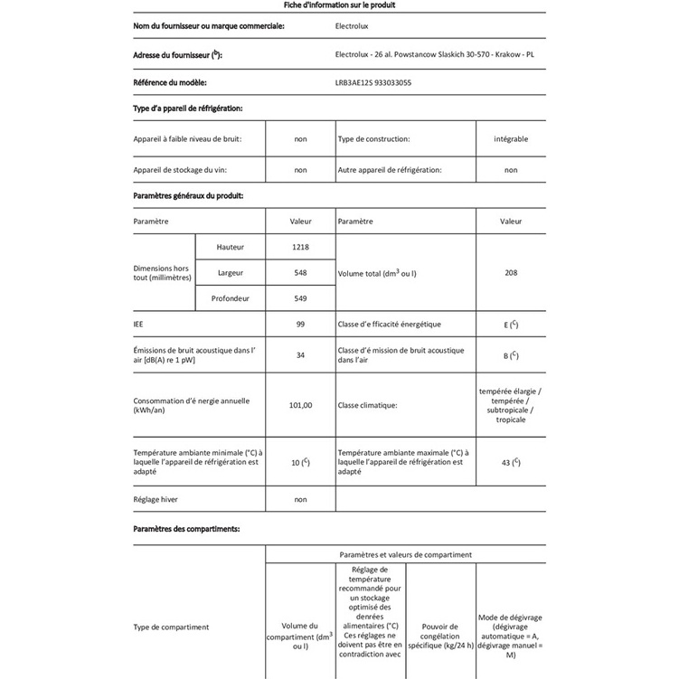 Réfrigérateur 1 porte Electrolux LRB3AE12S - ENCASTRABLE 122CM