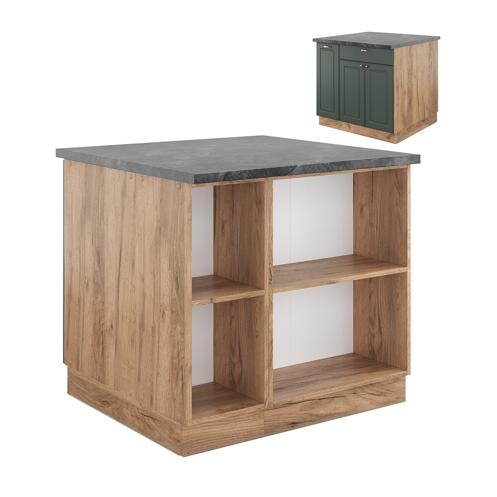 Vicco Kücheninsel Küchenblock Einbauküche Fame-Line Landhaus Eiche Grün 90 cm Gold Küchen Schränke Apothekerunterschrank Schubunterschrank Regalinselunterschrank Softclose-Scharnier Küchenmöbel