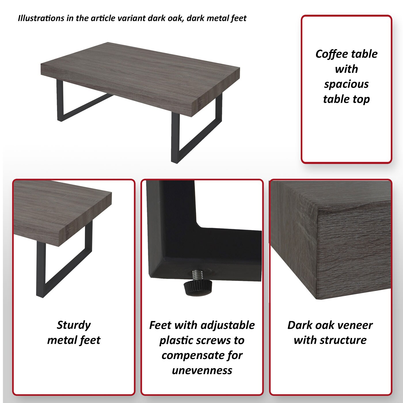 Couchtisch Genk H576, Wohnzimmertisch, 40x110x60cm, MVG-zertifiziert ~ Wildeiche, dunkle Metall-Füße