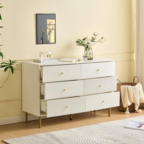 Merax Sideboard mit 6 Schubladen – Moderne Kommode in Weiß für Schlafzimmer, Wohnzimmer & Eingangsbereich – Robuste MDF-Kommode mit Zinklegierung-Griffen und Stahlbeinen